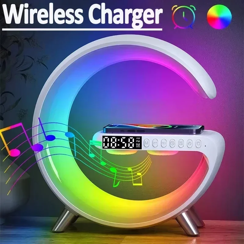 15W Wireless Charger Station RGB LED Desk Lamp Alarm Clock Bluetooth Speaker For iPhone Samsung Huawei Fast Charging Stand Pa