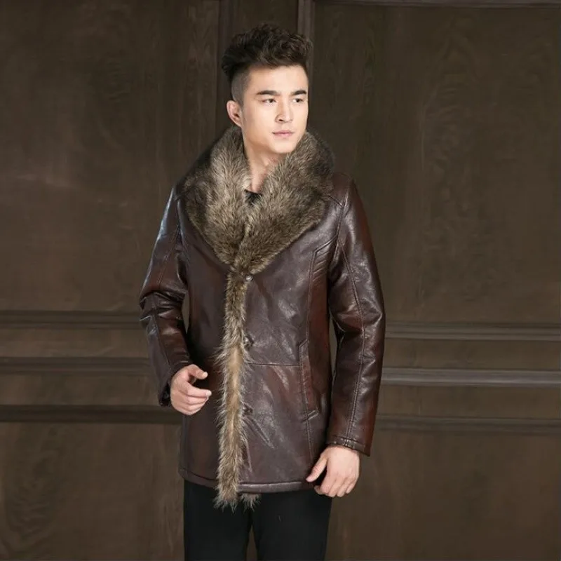 Men Winter New Faux Fur Genuine Leather Jacket Man Business Casual Long Coats Male Sheep Skin Jackets Lapel Plus Size Overcoat