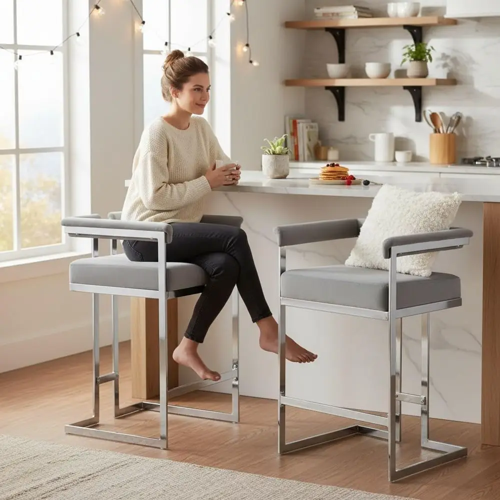 

Серые бархатные стулья-табуреты на 26 мест с высокой спинкой, обитые тканью, с хромированными ножками и подлокотниками для дома, паба или кухонного острова