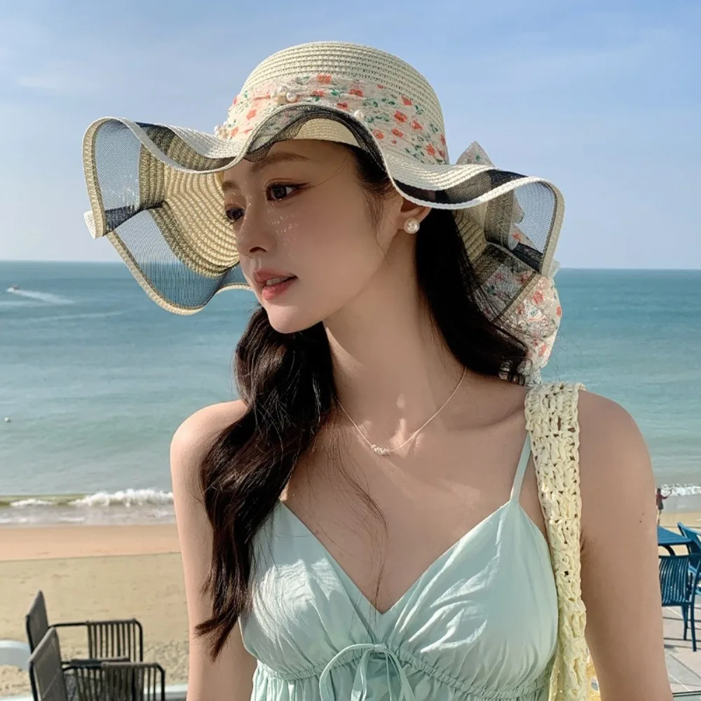 Elegant Pearl Bowknot Straw Hat Breathable Wide Brim Sun Hat Lace Streamers Sunshade Cap Vacation