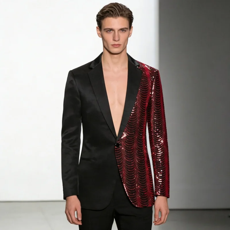 

Men's Slim Fit Sequin Blazer Single Button Banquet Evening Party Shiny Tuxedo Jacket for Groom Singer Host Stage Performance