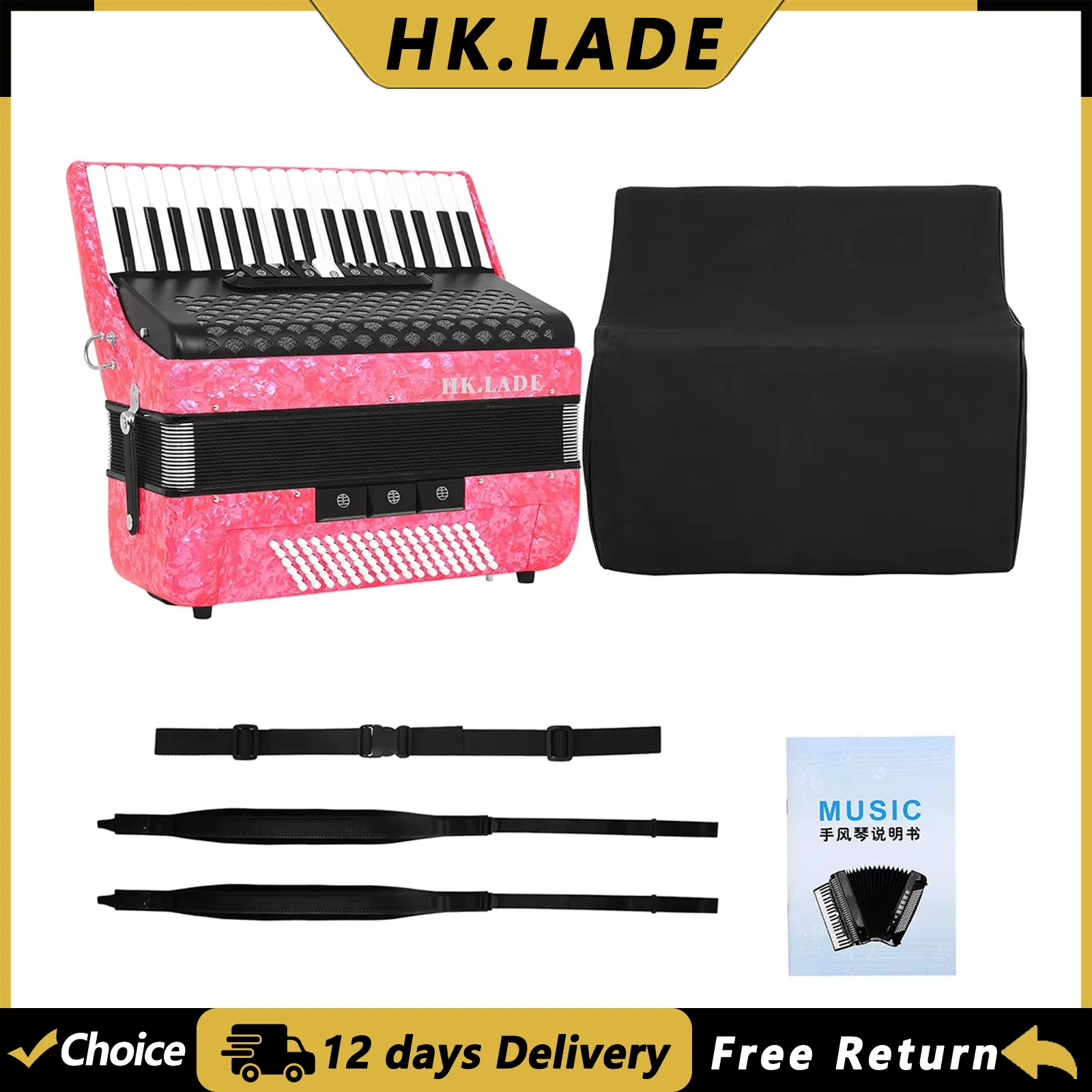 HK.LADE AH-200 37 Keys Accordion 96 Bass Multiple-voice Accordion with Bag Keyboard Instrument for Grading Performance/Teaching