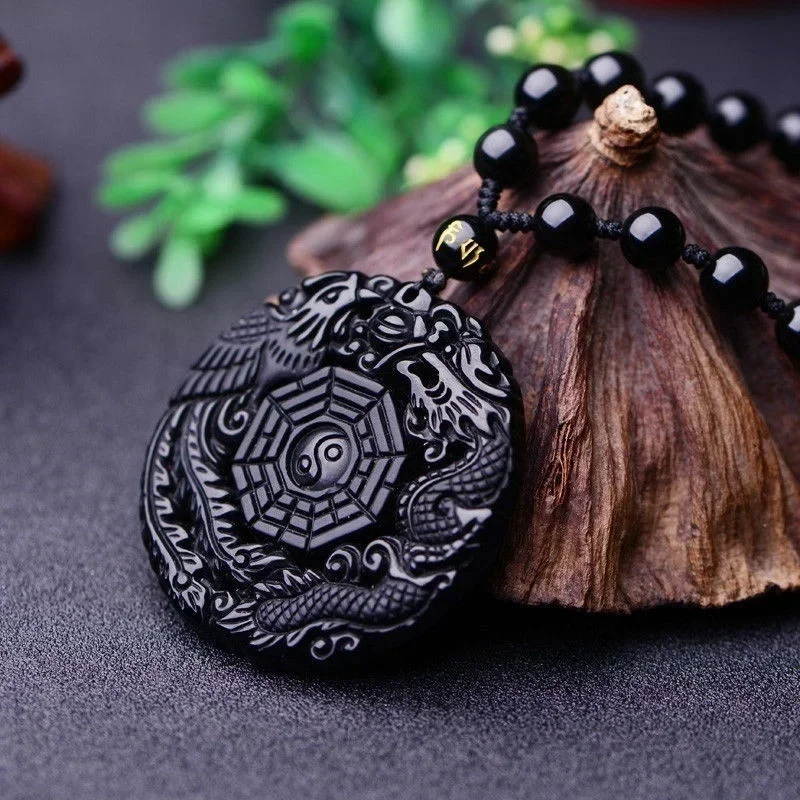 Natural Black Obsidian Dragon Phoenix Pendant Beads Necklace Fashion Charm Jewellery Hand-Carved Amulet Gifts for Her Women Men