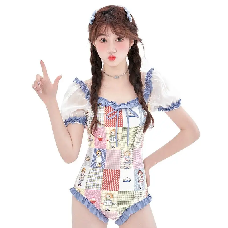 Cute Princess Puff Short Sleeves One Piece Swimsuit Swimwear Lolita Blue Ruffle Monokini Backless Bathing Suit Push Up Korea