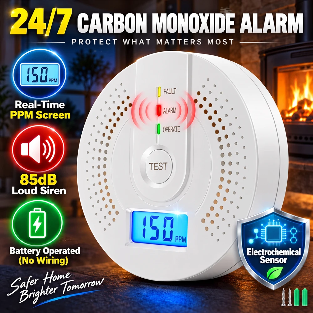 Carbon Monoxide Alarm Detector Digital LCD Display Battery Operated 85dB Loud CO Gas Sensor for Home Gas Boiler Log Burner Carav