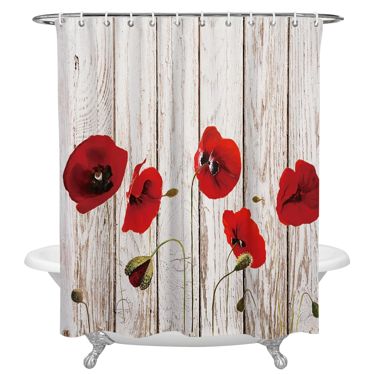 Vintage Wooden Texture Red Poppy Flower Waterproof Bathroom Decoration Shower Curtain Printed Bath Curtains Bathroom Accessories