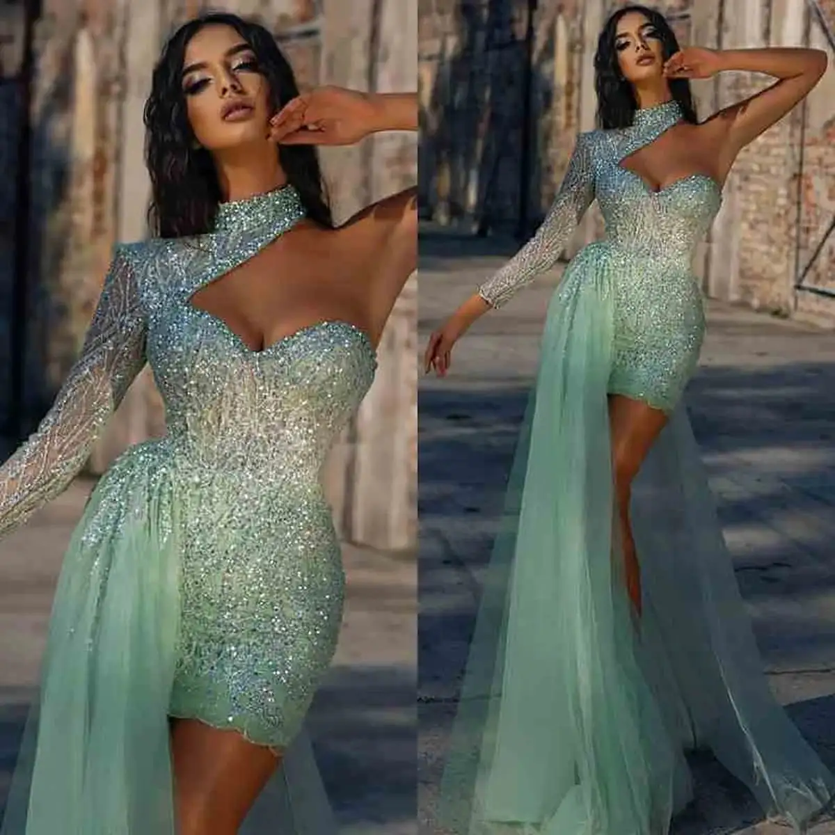 Sparkly Mermaid Prom Dress Sequins High Neck One Shoulder Long Sleeve Evening Dresses  Above Knee Party Gowns Custom Made