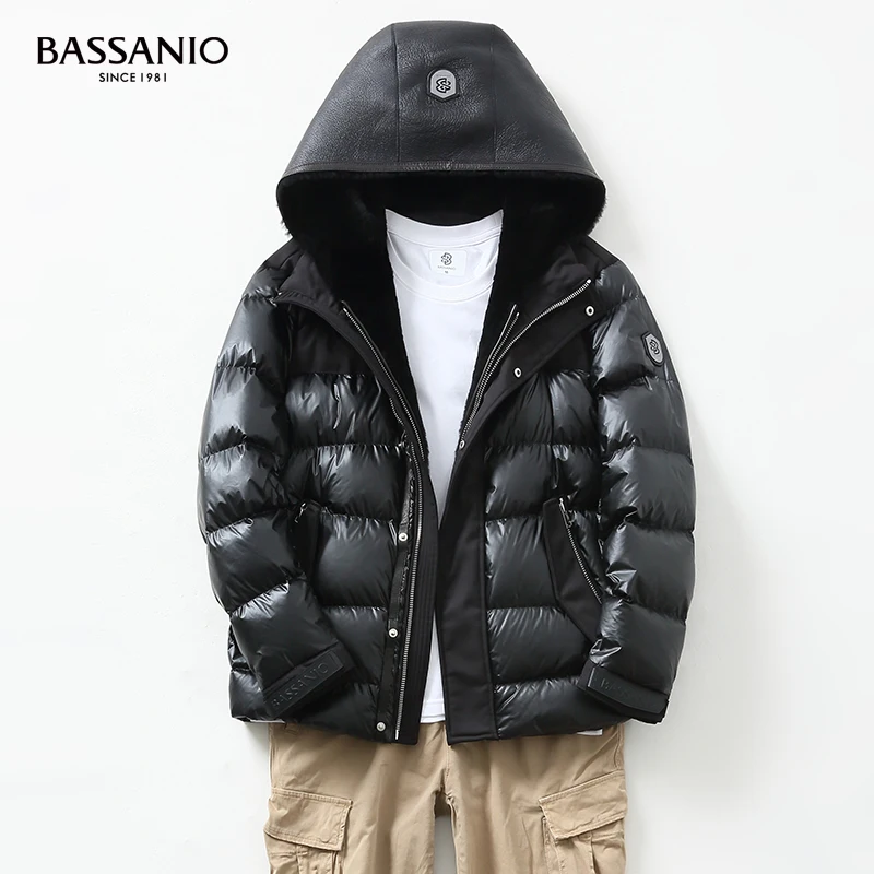 Moda masculina inverno quente casaco de lã pele com capuz branco ganso para baixo casaco