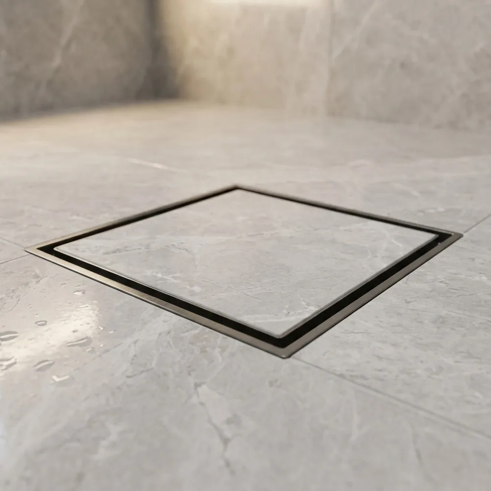 15x15cm Brushed Stainless Steel Square Floor Drain Invisible Flush Mount for Modern Shower 304 SUS 110mm Outlet Drain Core