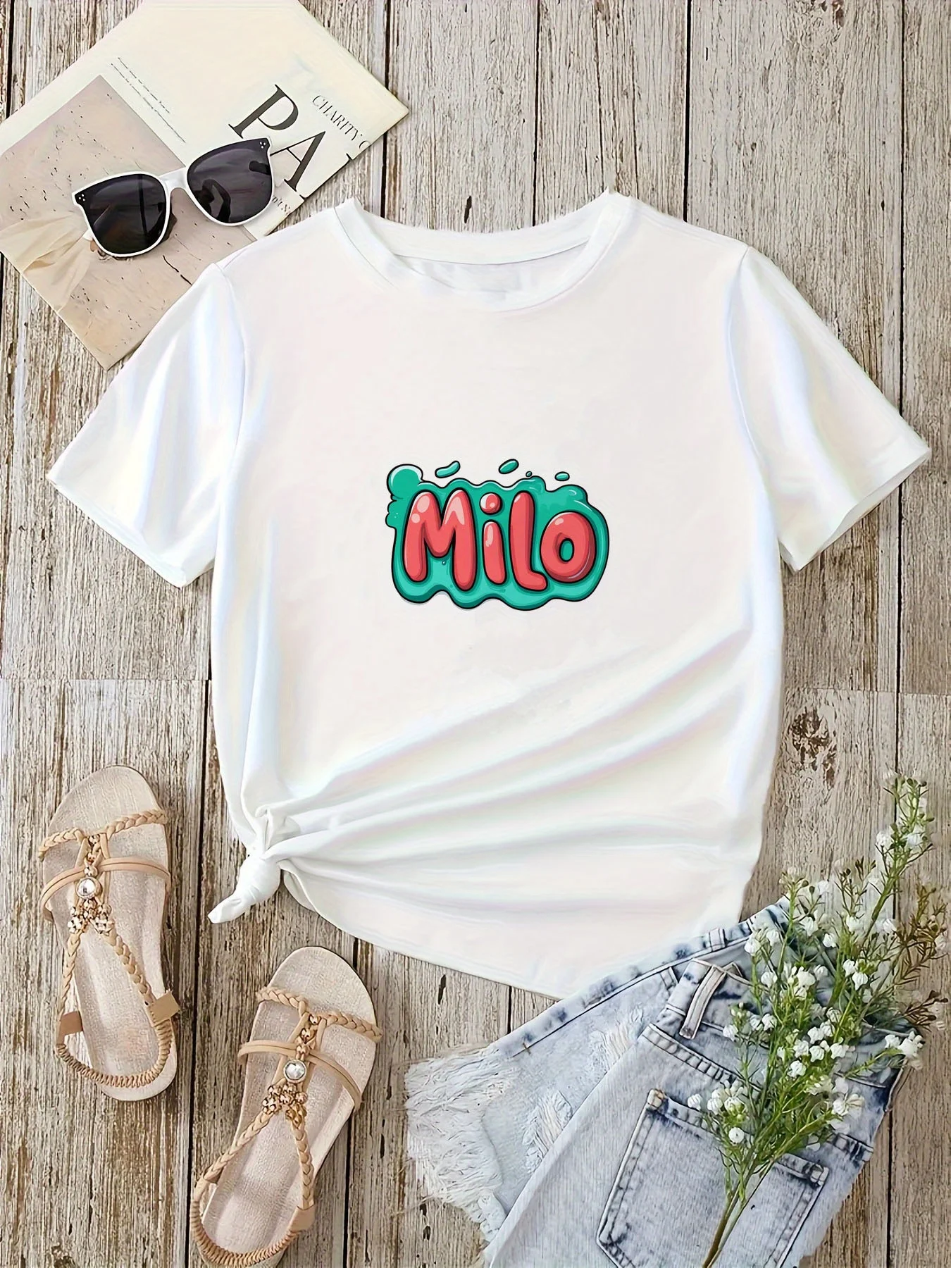 

With Print - Perfect for Spring & Summer Outfits Women's Casual Graphic Stretchy Sleeve Crew Neck Top