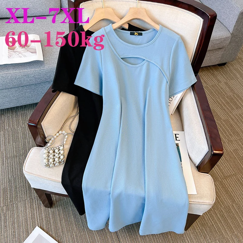 

XL-7XL 60-150kg 2023 Big Size Women Clothing Large Women Summer Dress Hot Solid Short Sleeve A-line Dresses Vestidos De Mujer