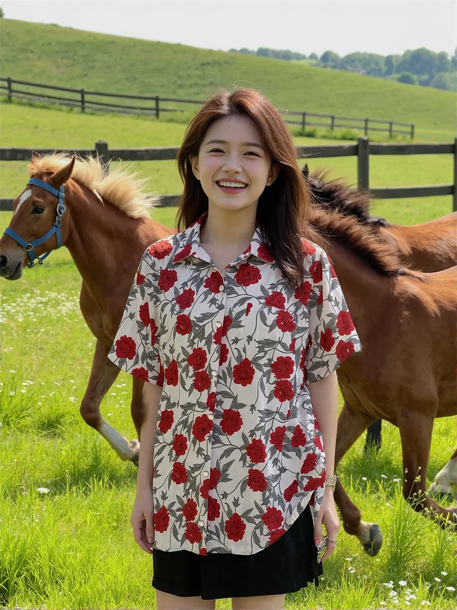 Eleganckie bluzki damskie z czerwonym kwiatowym nadrukiem, krótki rękaw, gładkie, koreańskie, oversize, białe, bawełniane, w paski, duży rozmiar, kobiece, jesienne.