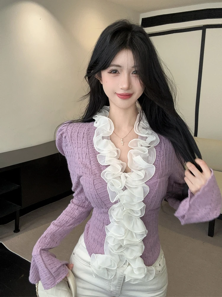 

Женский вязаный пуловер с длинными рукавами и 3D цветочным принтом, сексуальный элегантный роскошный облегающий внутренний топ с v-образным вырезом и вырезом в дворцовом стиле, зимний топ