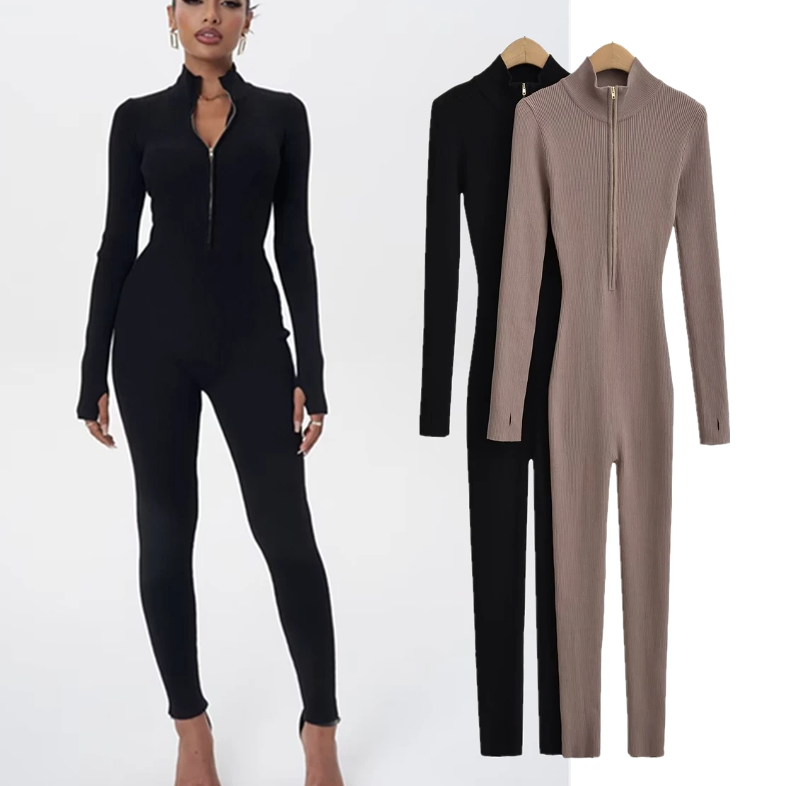 Dave&Di Ins Fashion Blogger Vintage Zipper Knit Jumpsuits  Autumn WInter Women Sexy Skinny Long Sleeve Dungaress