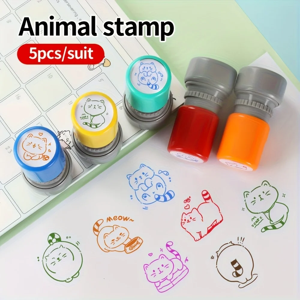 Lot de 5 tampons autocollants mignons en forme d'animaux pour l'encouragement des enseignants, la notation des devoirs, les tampons de carnet de notes, cadeau d'anniversaire, couleur aléatoire