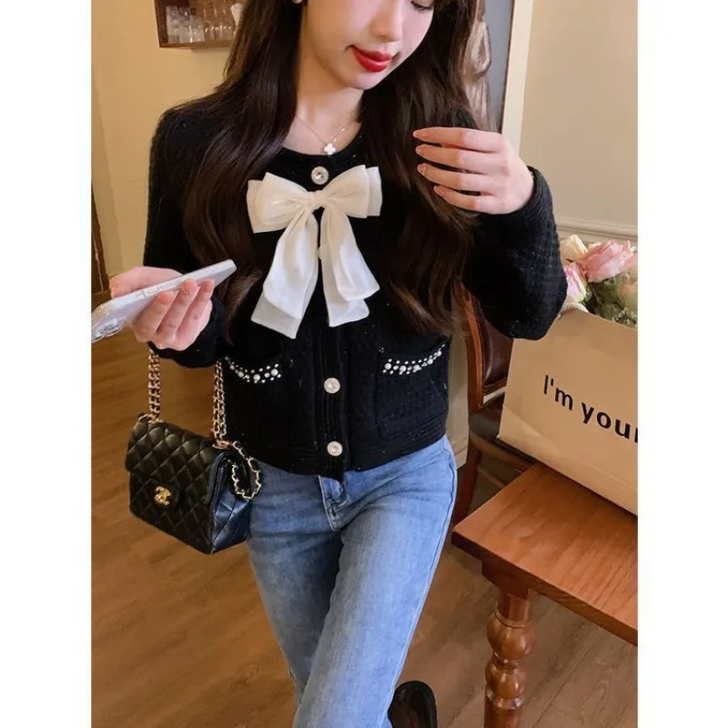 Sweater Knitted Cardigan Coat Design Sense Short Sweater Female 2023 Foreign Long Sleeve O Neck Sweater Cardigan Female Tops