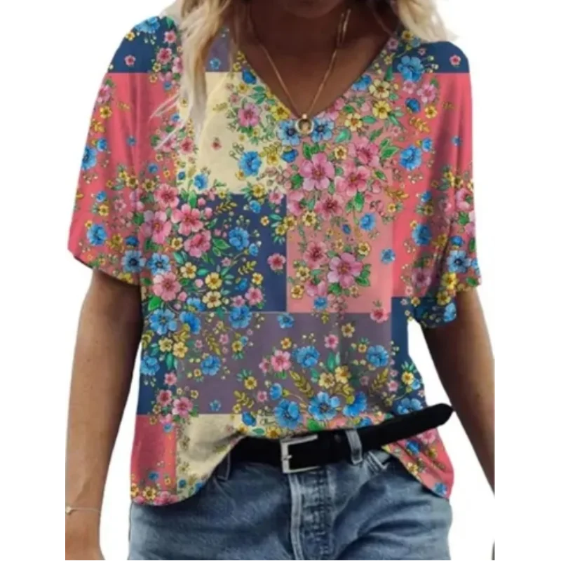 

Новый женский пуловер с v-образным вырезом и маленьким свежим цветочным узором, женский топ с короткими рукавами, элегантный темперамент