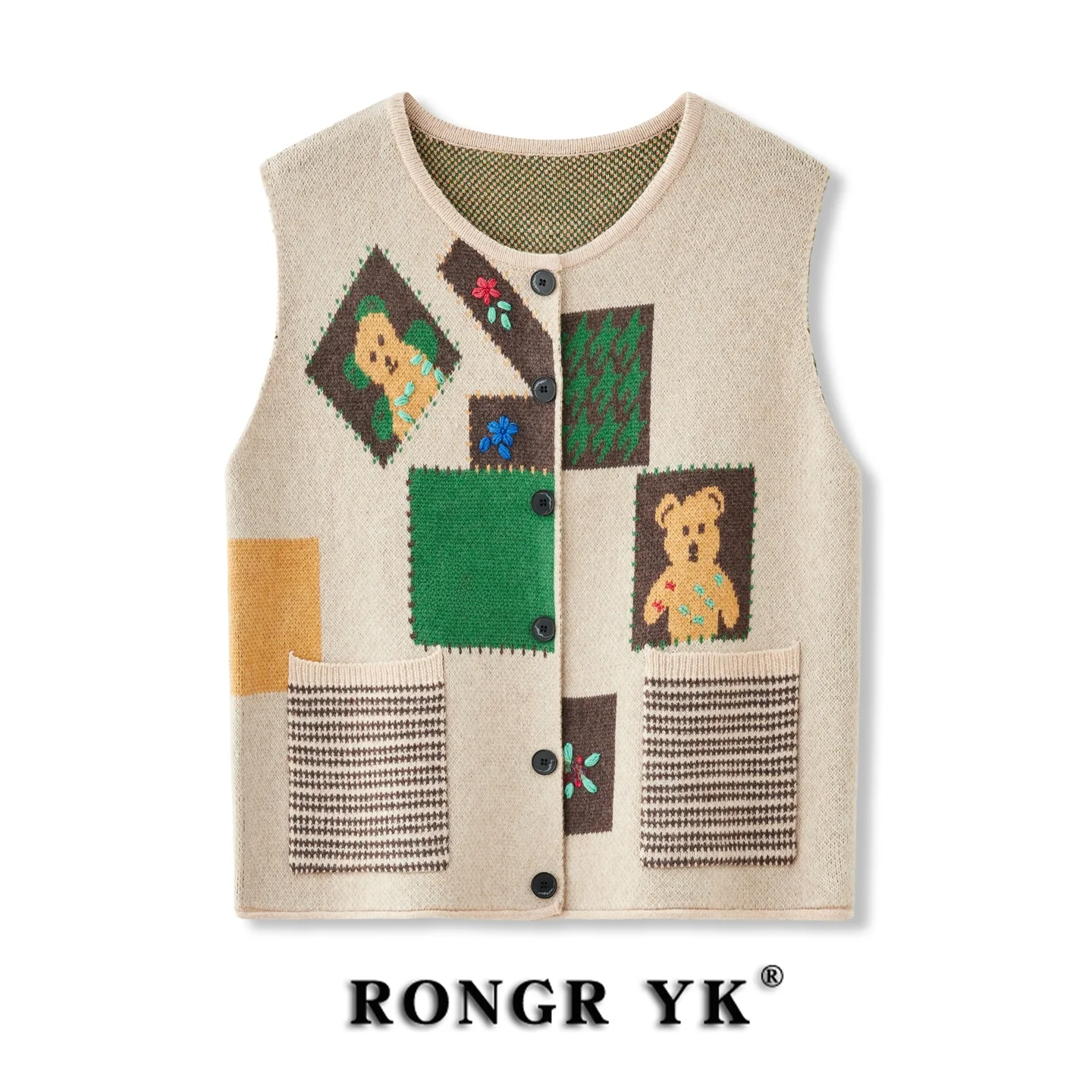 Spring Autumn Cartoon Spliced Color round Ne Knitted Vest Women Loose Embroidered Layering Sweater Vest Outerwear ort Jaet