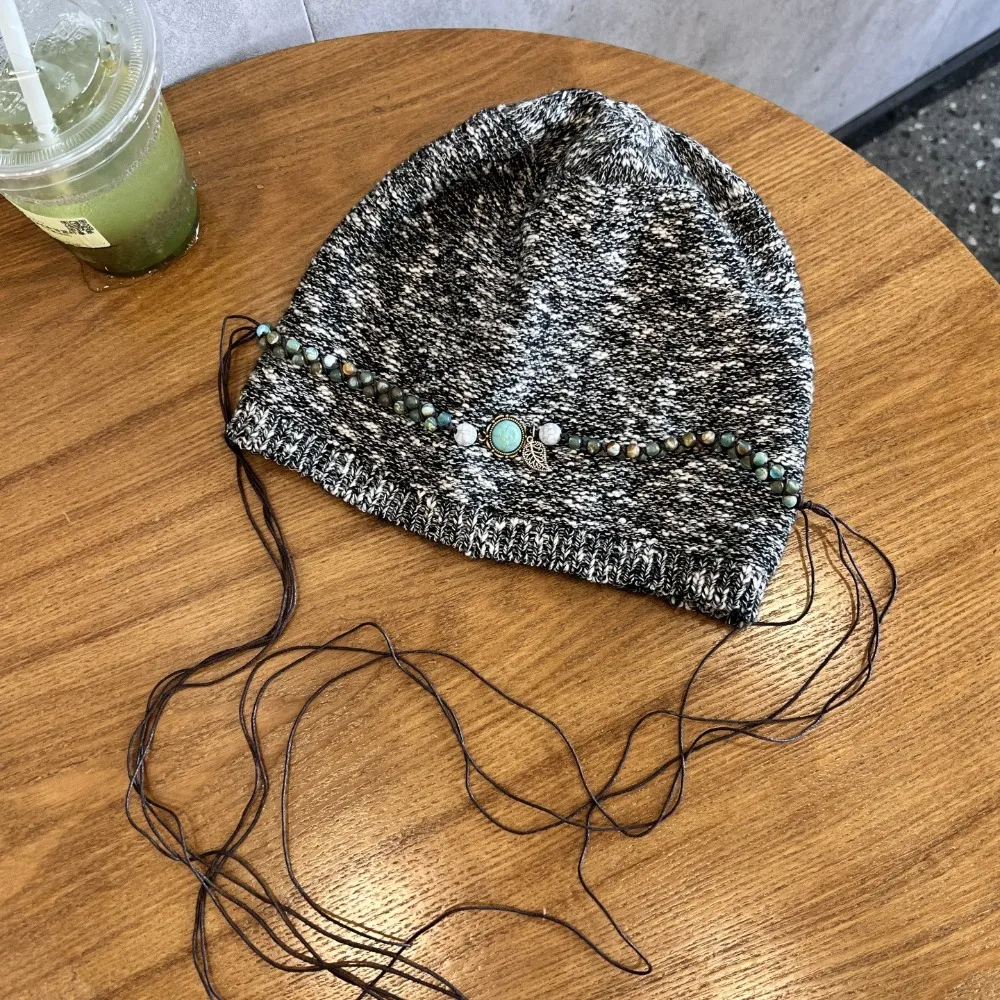 

Ethnic Style Bohemian Beanies Hat Coldproof Keep Warm Beaded Fringed Cap Polyester Ear Protection Jacquard Woolen Hat Female