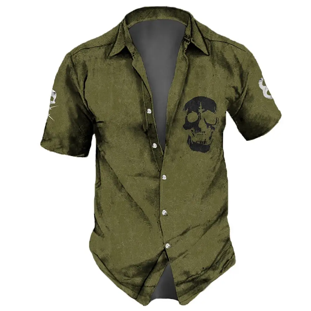 Vintage Men\'s Shirt Hip Hop Skull Print Short Sleeve Oversized Top Tees Old Casual Hawaiian Men Clothing Lapel Shirt Streetwear