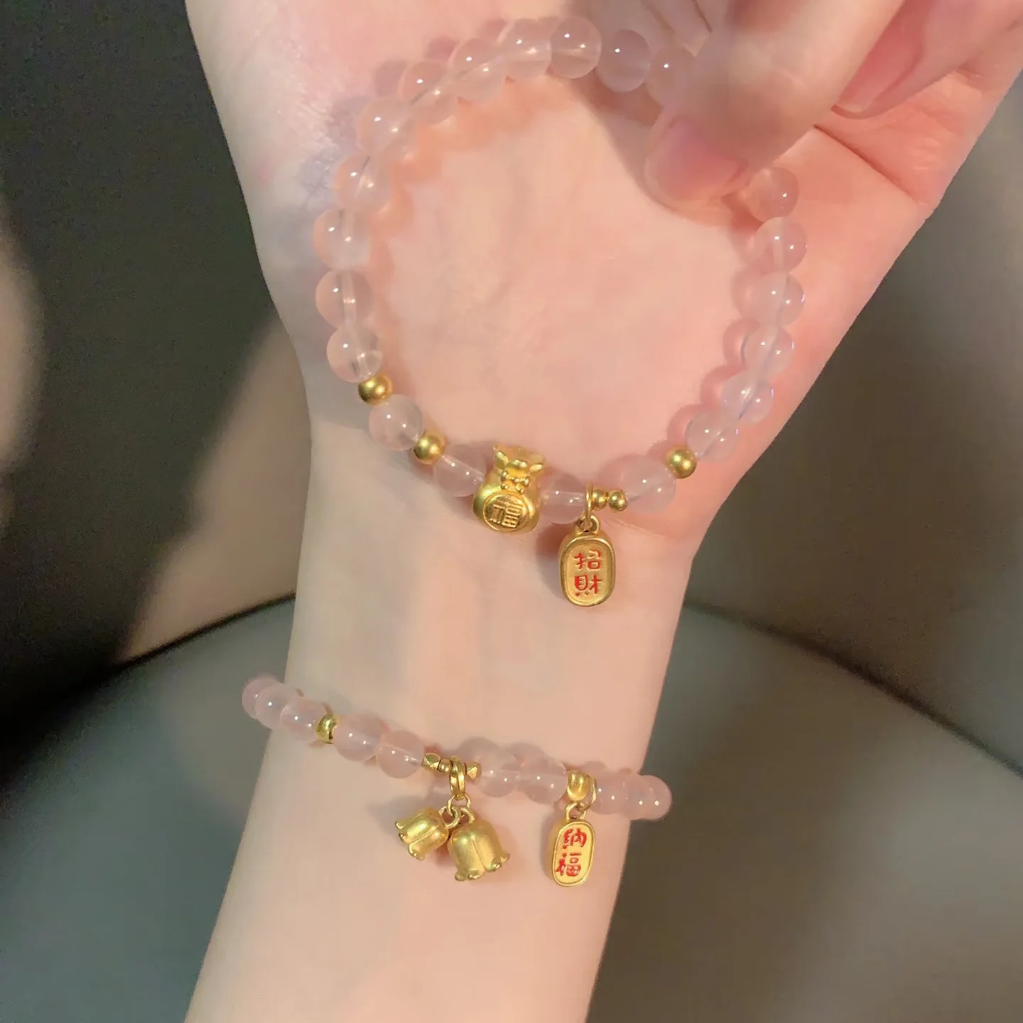 

Подлинный продукт, гарантированный чистый натуральный розовый кристалл, счастливая сумка, женская маленькая золотая медаль, браслет из бисера, подарок