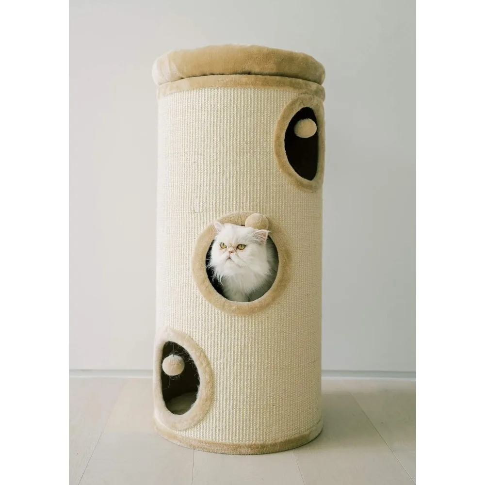 

3-story cat tree barrel shaped tower, 38.5 "high top with cat scraping columns, covering indoor cat furniture