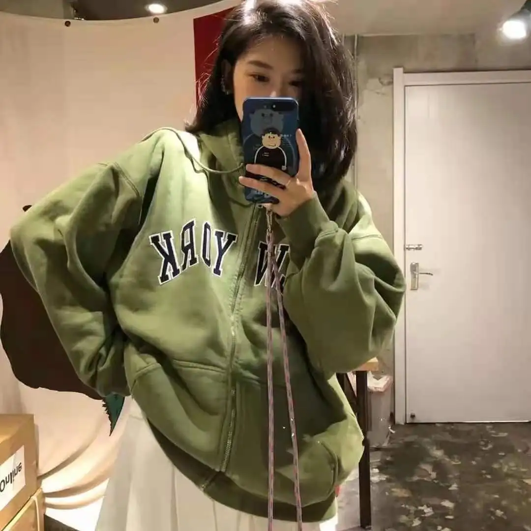 

American New York Letter Embroidery Vintage Green Zip Up Hoodie Women Coat Casual Oversized Sweatshirt Hoodies for Teens Autumn