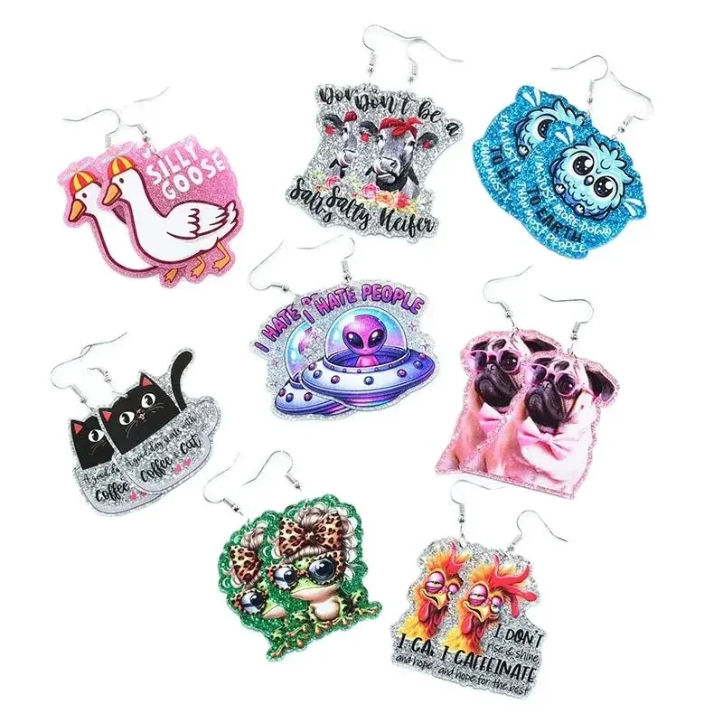 Glitter Goose Owl Frog Acrylic Earrings Chicken Cat Dog Cattle ET UFO I Hate People Epoxy Pendant Earring For Women Jewelry Gift