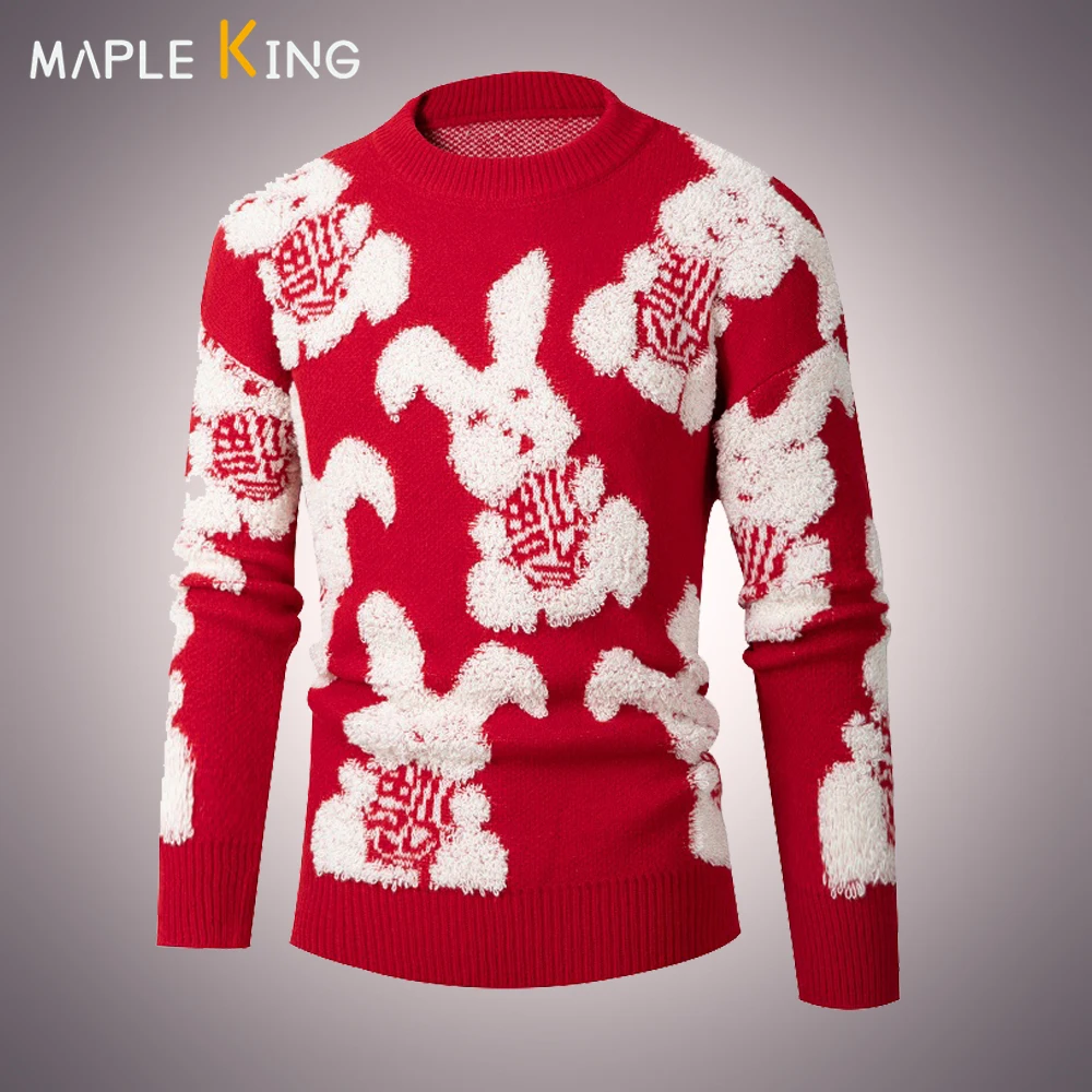 Winter Chinese Style Unisex Red Christmas Sweater New Year Cartoon Rabbit Long Sleeve Casual Pullovers Knitted Sweaters for Men