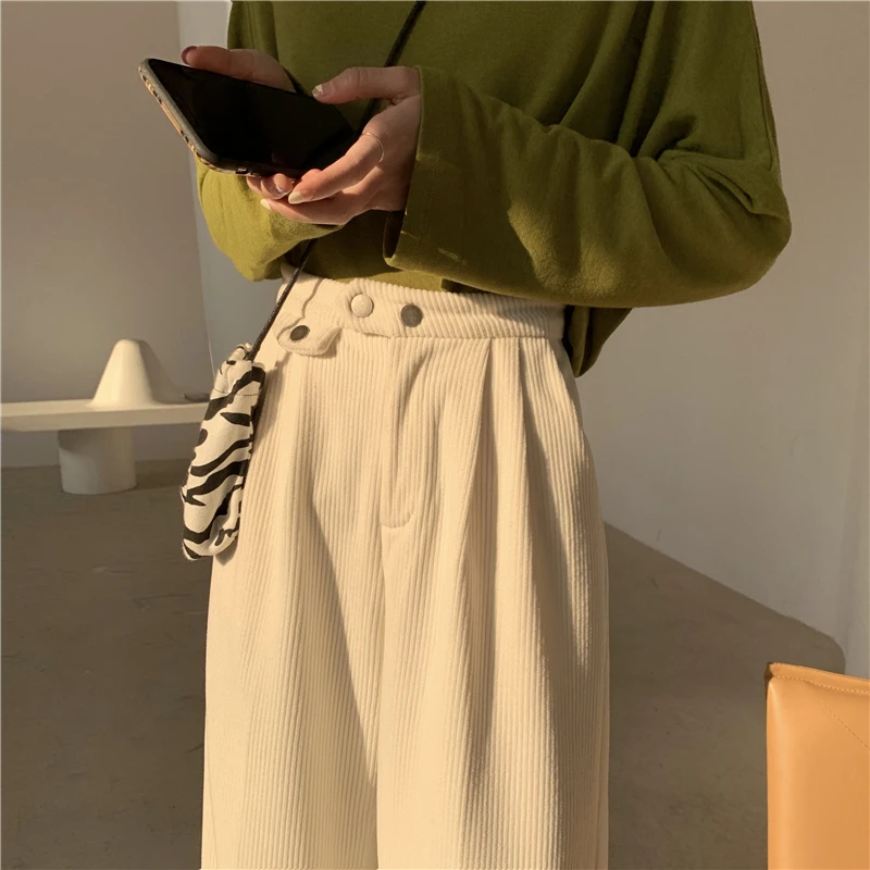 Women Pants Korean Style New Loose All-match Corduroy Wide Leg Trousers Womens Trendy Leisure Harajuku Daily Ulzzang High Waist