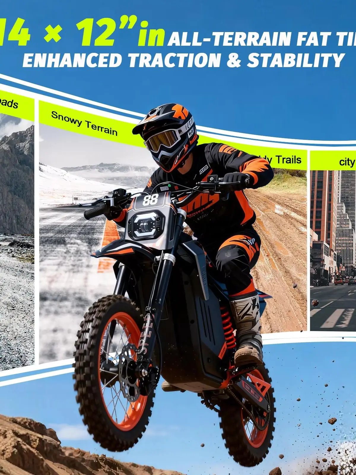 AliExpress NONE FREEBOY Y88 3000W Electric Dirt Bike 48V 30Ah Battery Off Road Electric Motorcycle 55KM/H High Speed Adult Electric Bike 14 Inch Front 12 Inch Rear Pneumatic Tires Hydraulic Disc Brake Full Suspension
