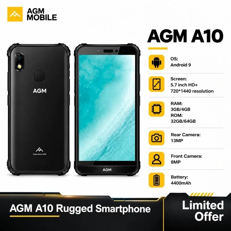 AGM A10 Rugged Smartphone 5.7 Inch 3GB+32GB IP68 Waterproof Cell Phone, Front Facing Speaker, NFC Outdoor Unlocked Mobile Phone