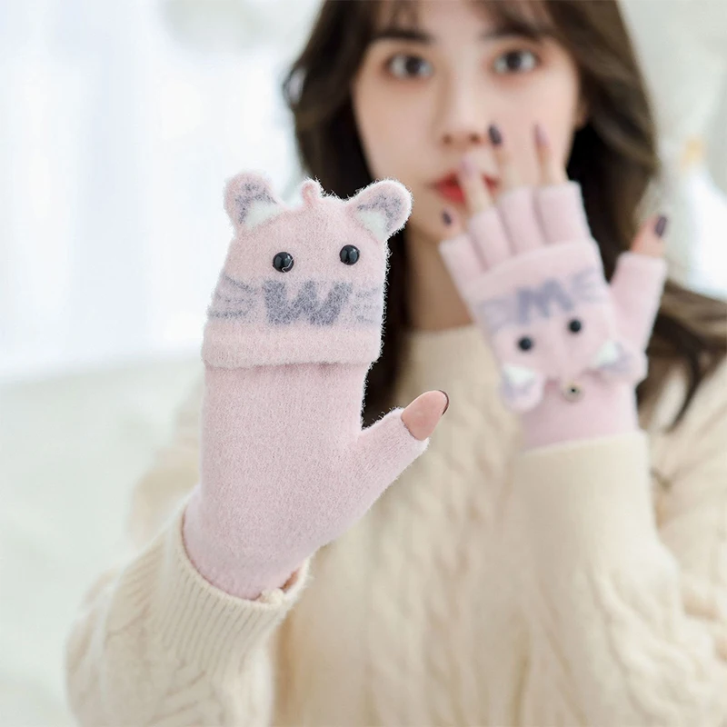 Autumn Winter Warm Gloves Flip Cover Fingerless Gloves Soft Kids Girl Cute Cartoon Half-finger Knitted Plus Velvet Riding Gloves