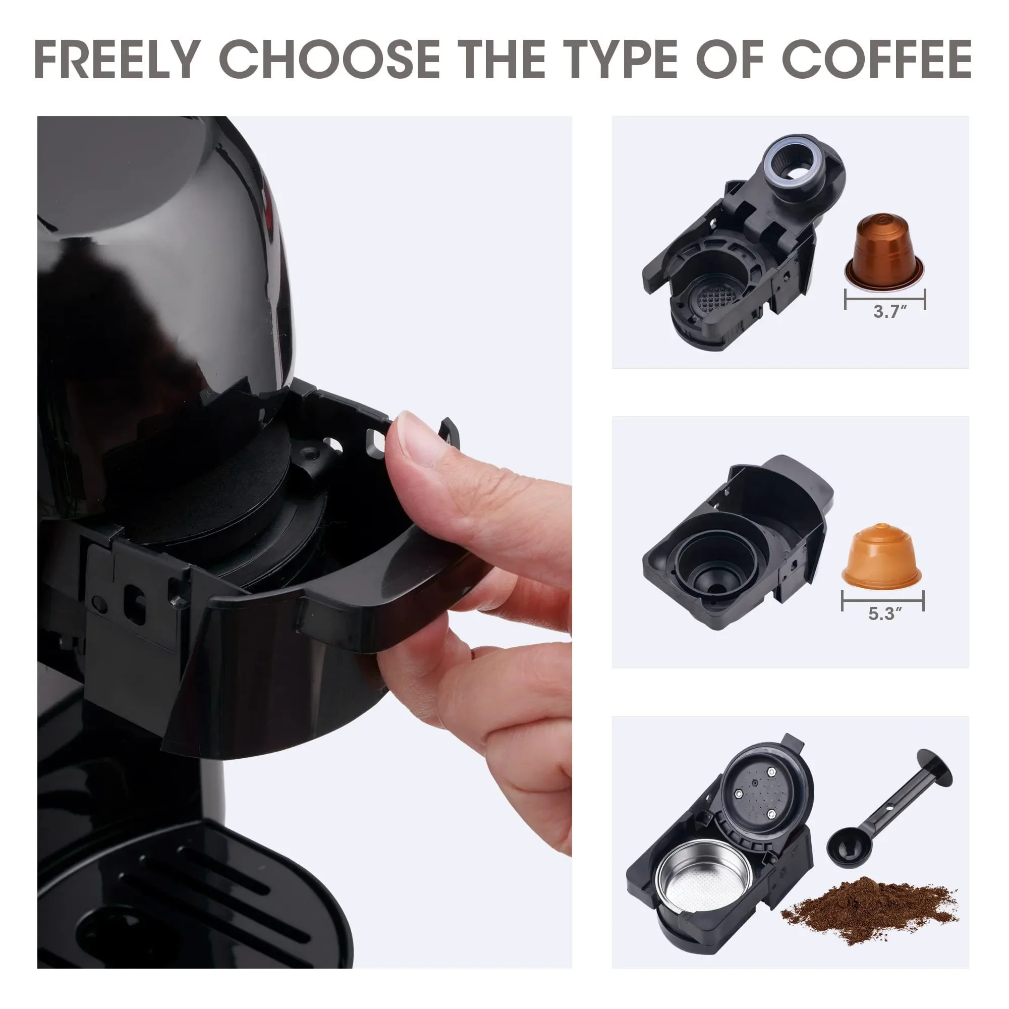 new 3 in 1 Multi  Espresso Machine Compatible with Nespresso Original Dolce Gusto and Ground Espresso for Home with Spoon