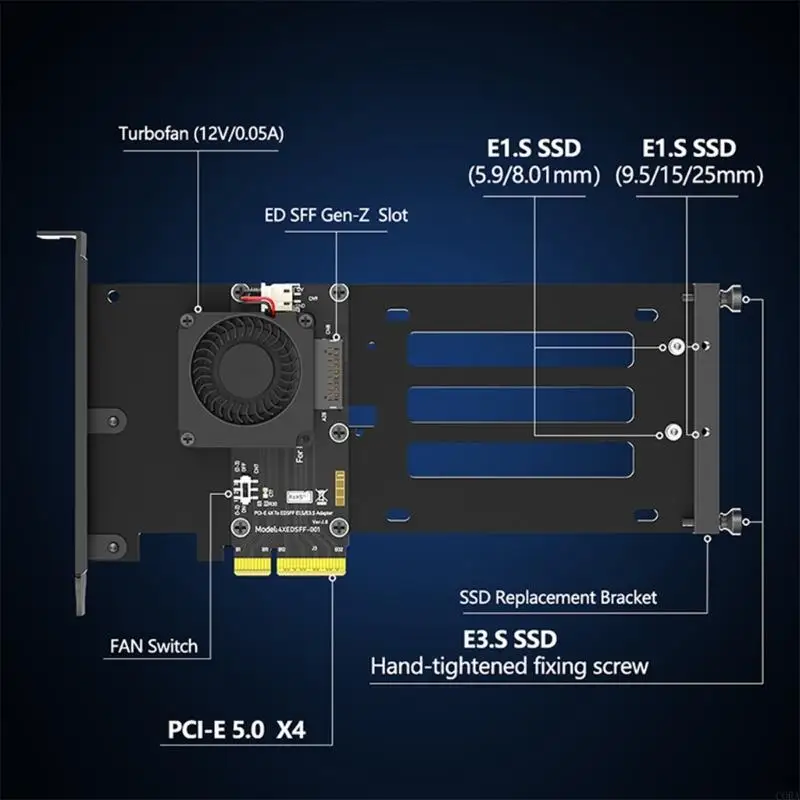 CORA EDSFF E3.S to PCIe 5.0 Adapter Card with Active Cooling Fan Metal Bracket for Desktop Expansion Accessories