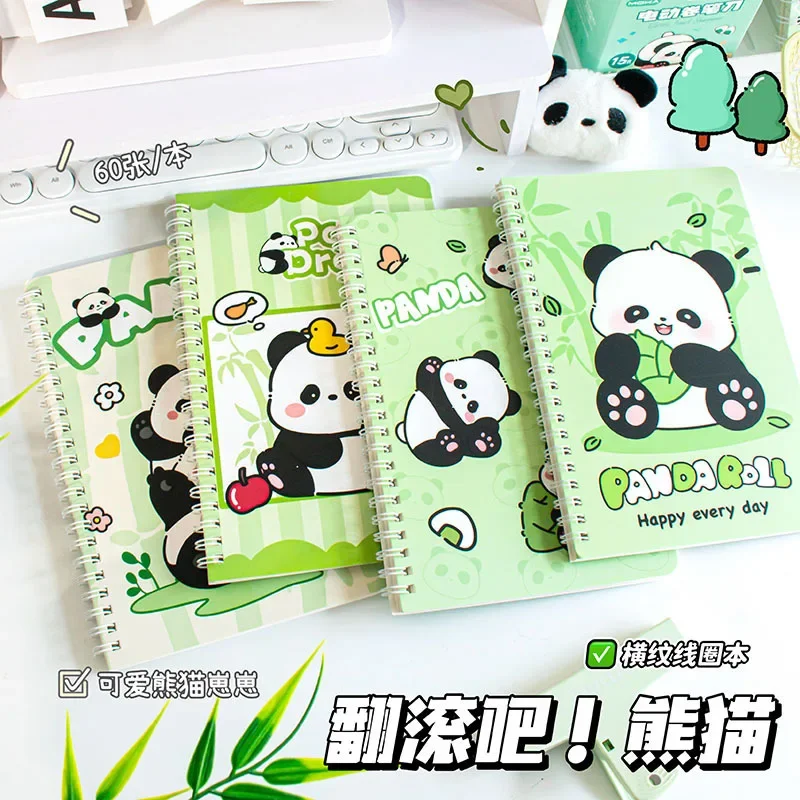 

4Pcs cartoon cute panda A5 coil book student horizontal line notebook 60 sheets thickened eye protection color portable