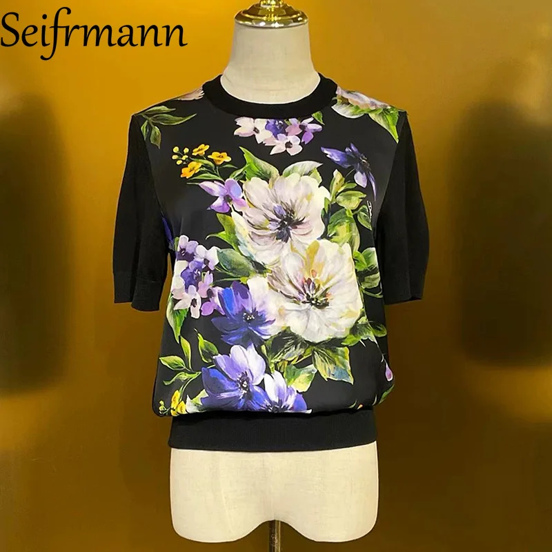 

Seifrmann 2026 Summer Women's New Fashionable Round Neck Short Sleeve Wool+Silk Printed Knitted Top
