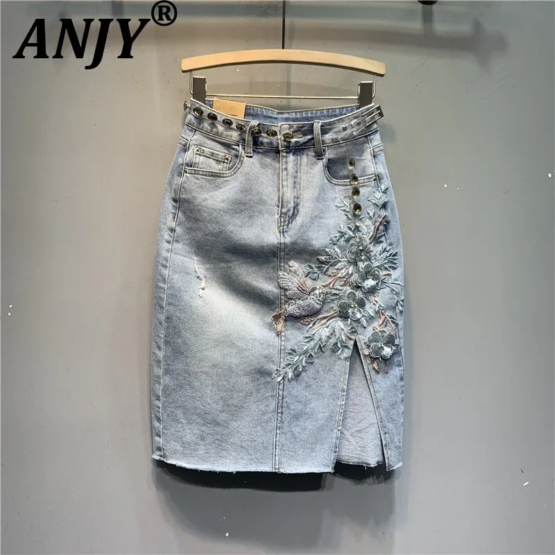 

ANJY Summer New Women High Street Vintage Ins Trendy Casual Heavy Craft Embroidered Floral Diamonds Split Denim Midi Skirt A7685