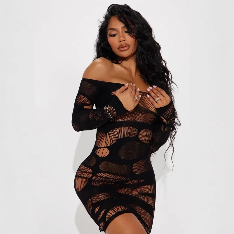 2025 Lente Zomer Off Schouder Gat Hol Sheer Skinny Sexy Lingerie Vrouwen Slash Hals Volledige Mouw Pittige Meisjes Club Jurk