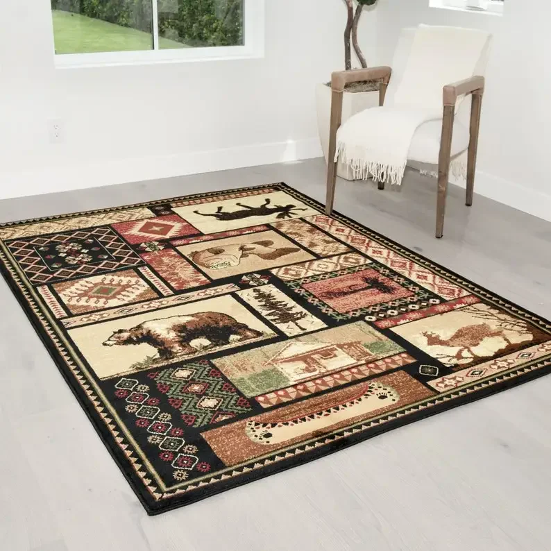 Lodge Cabin Nature And Animals Soft Flannel Floor Rugs Geometric Design Fish Moose Bear Southwestern Tribal Patchwork Carpet