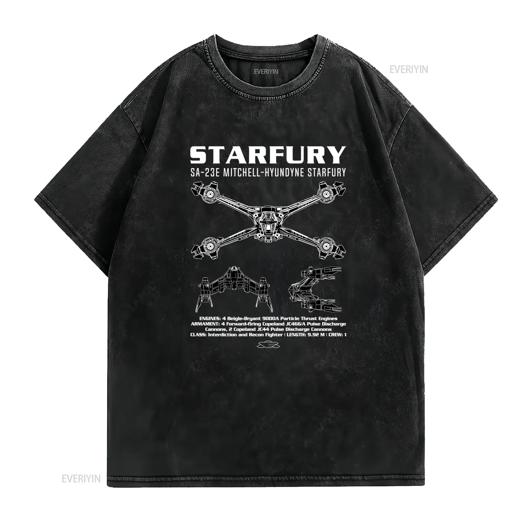 Cool Sci Fi Starfury SA 23E Spaceship Blueprint Line Art Print Casual T Shirt vintage Washed Versatile Breathable Soft