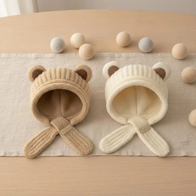Weiche Fleece-Bärenohren-Mütze, Plüsch-Winddichte Kopfbedeckung für Babys von 0-2 Jahren, Jungen und Mädchen, für Winter und Outdoor-Spiele – Detail 3