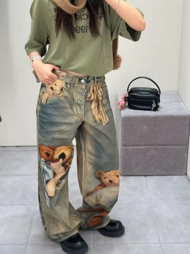 HOUZHOU Vintage Women Jeans Print Harajuku Y2k High Street Baggy Denim Pants Retro Gothic 2000s Fashion Oversize Graphic Jeans