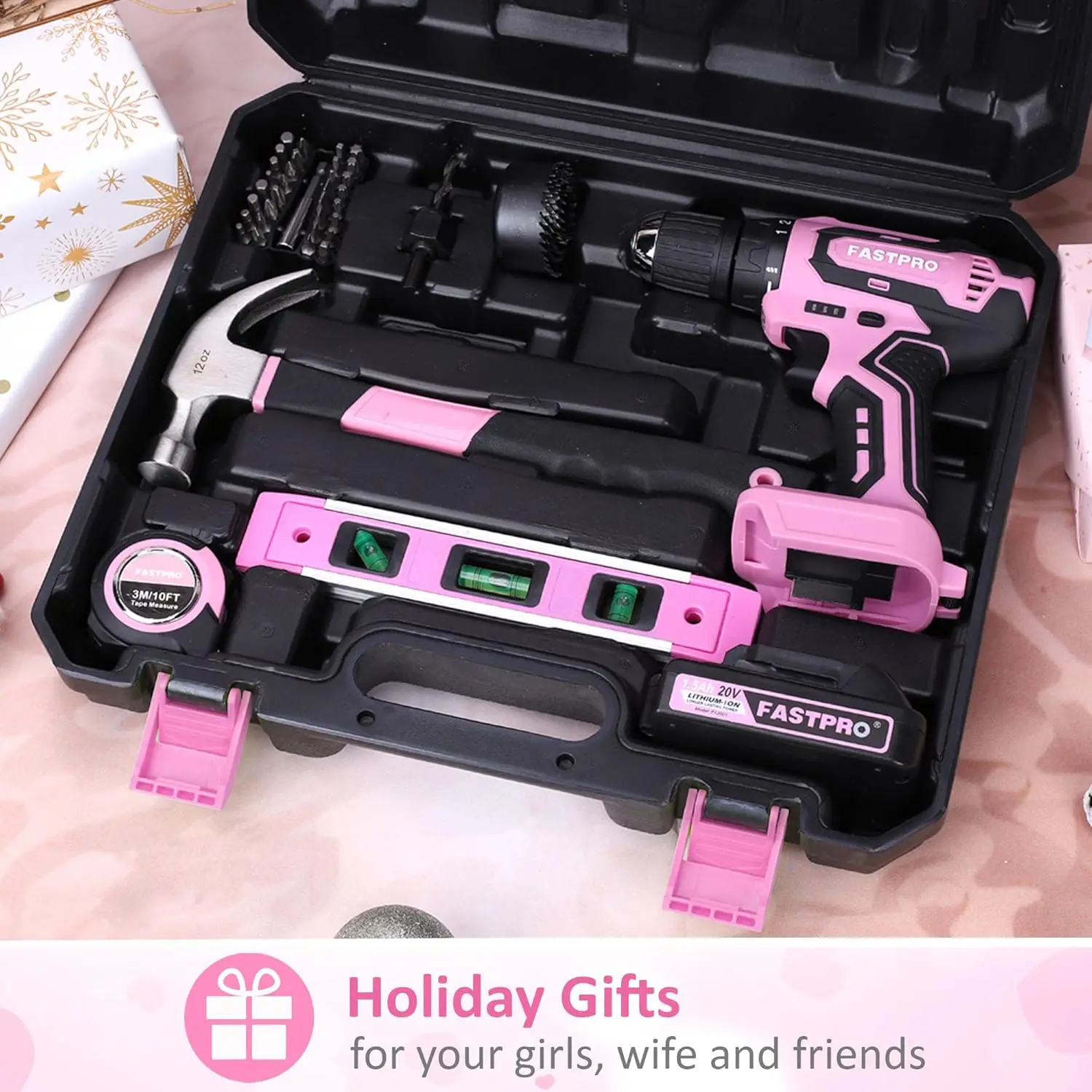 XMSJ FASTPRO 177-Piece 20V Pink Cordless Lithium-ion Drill Driver and Home Tool Set, Lady's Home Repairing