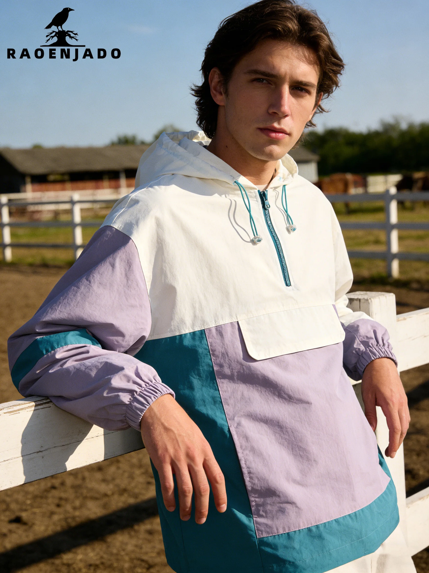 

Мужская ветровка с капюшоном, повседневная спортивная куртка на молнии до середины груди, в стиле колорблок, уличная одежда унисекс, рабочая одежда, верхняя одежда с передним карманом