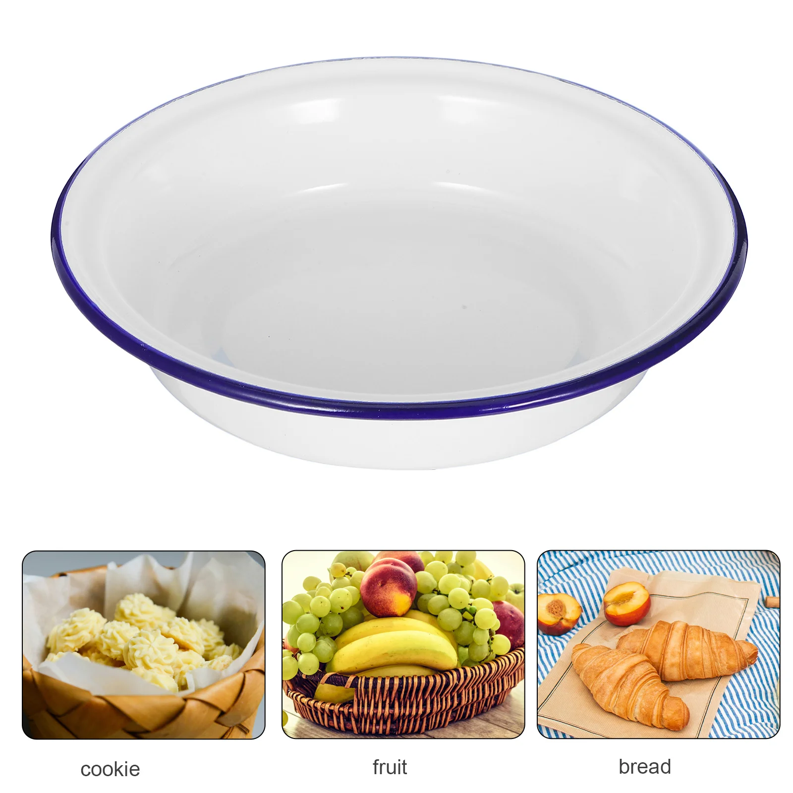 

Vintage Enamel Round Fruit Platter Large White Serving Dish with Blue Rim for Salad Baking Roasted Chicken Family Gatherings