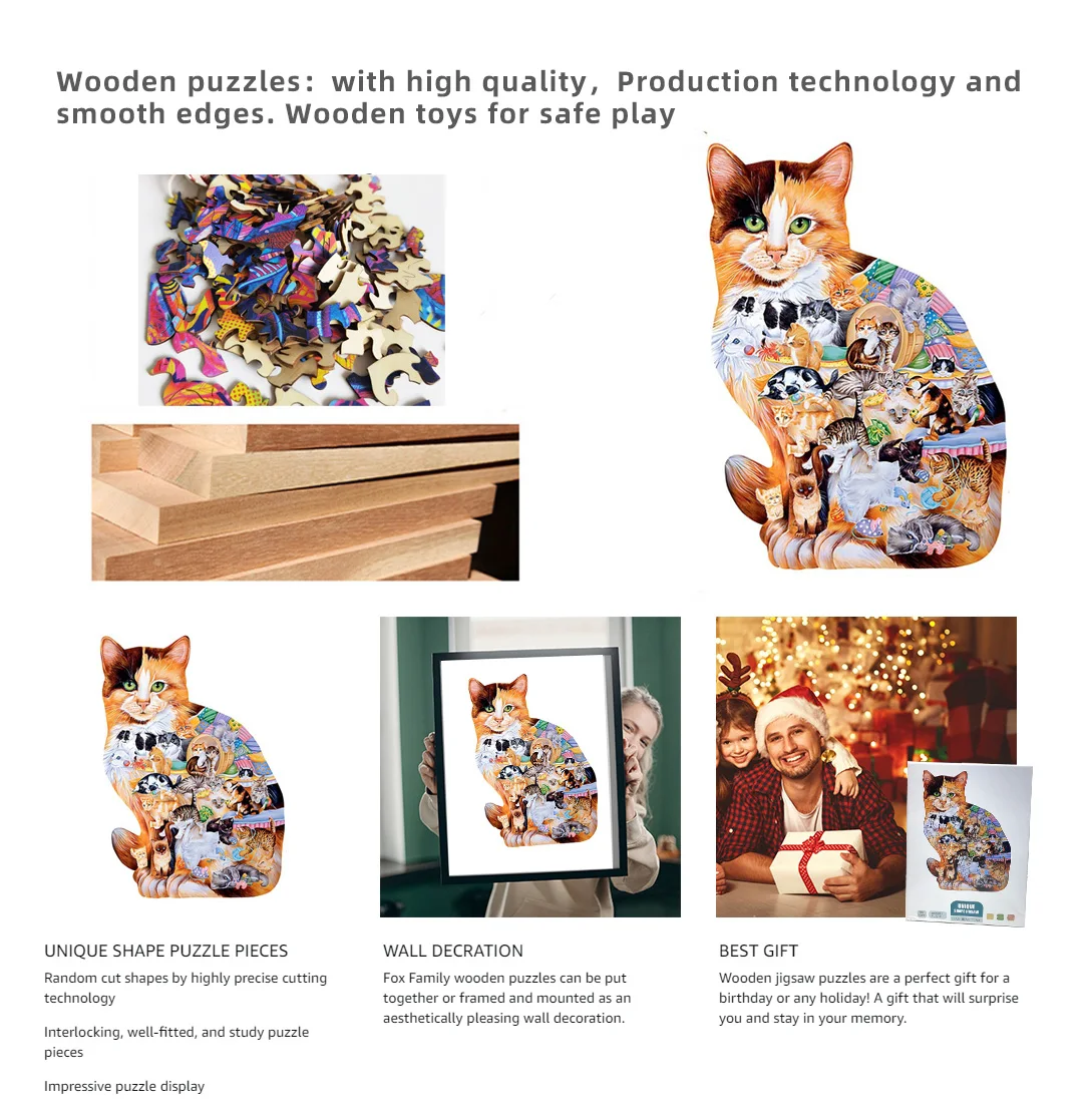 Wooden Animal Puzzles Jigsaw for Adults Unique Cute Cats Puzzle DIY Holiday Gift Interactive Games Educational Toys for Kids