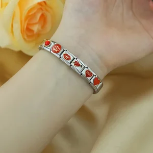 Hapiship 2024女性レッドグレーズフラワーハートキスミーチャームイタリアンリンク9mmステンレススチールブレスレットメイキングジュエリーZH003 10ベストセールスレッドパンドラブレスレット-4