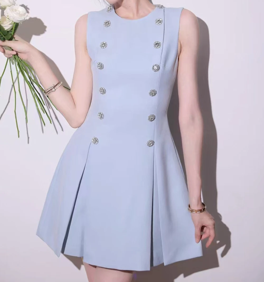 

2025 Spring and Summer New Round Neck Vest Waist Diamond Button Commuter Elegant Drape Short Skirt Dress-GZDL117