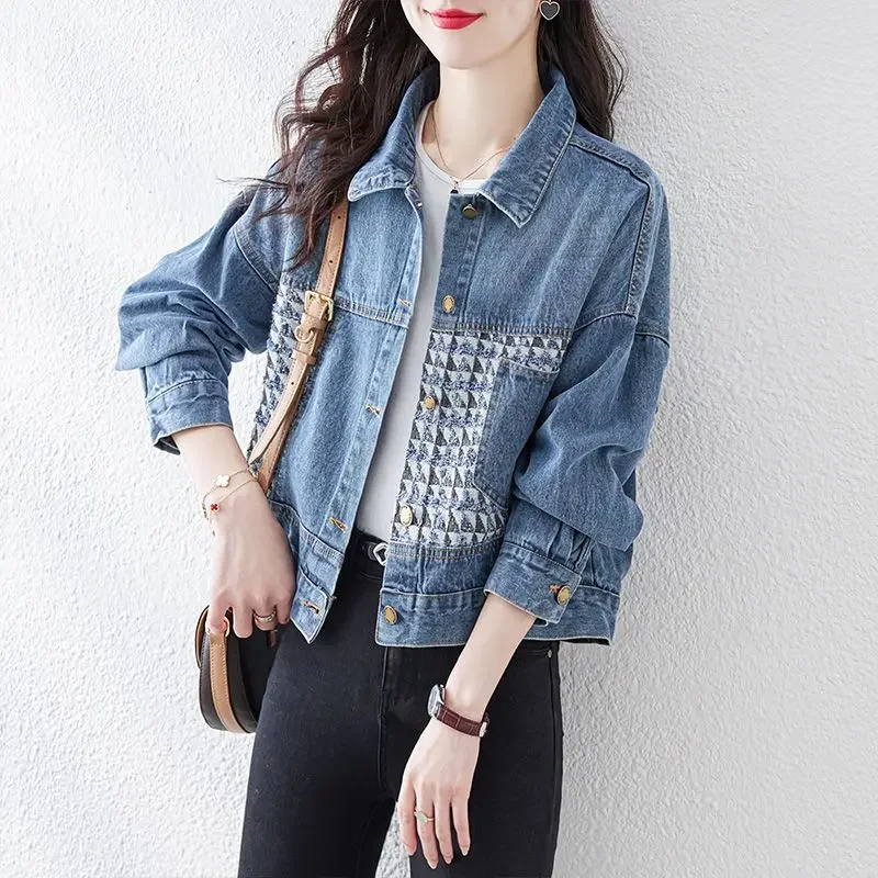 Denim Jacket for Women Patchwork Spring Autumn Blue Cowboy Coat Woman Designer Outdoor Clothing Novelties in Promotion Cheap New